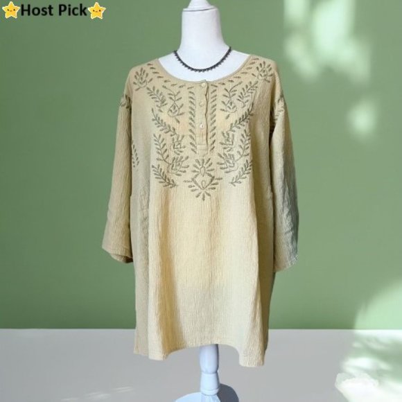None Tops - Boho Embroidered Crinkle Cotton Tunic 3/4 Sleeve Mint Lemon Yellow Size 2X 3X 4X
